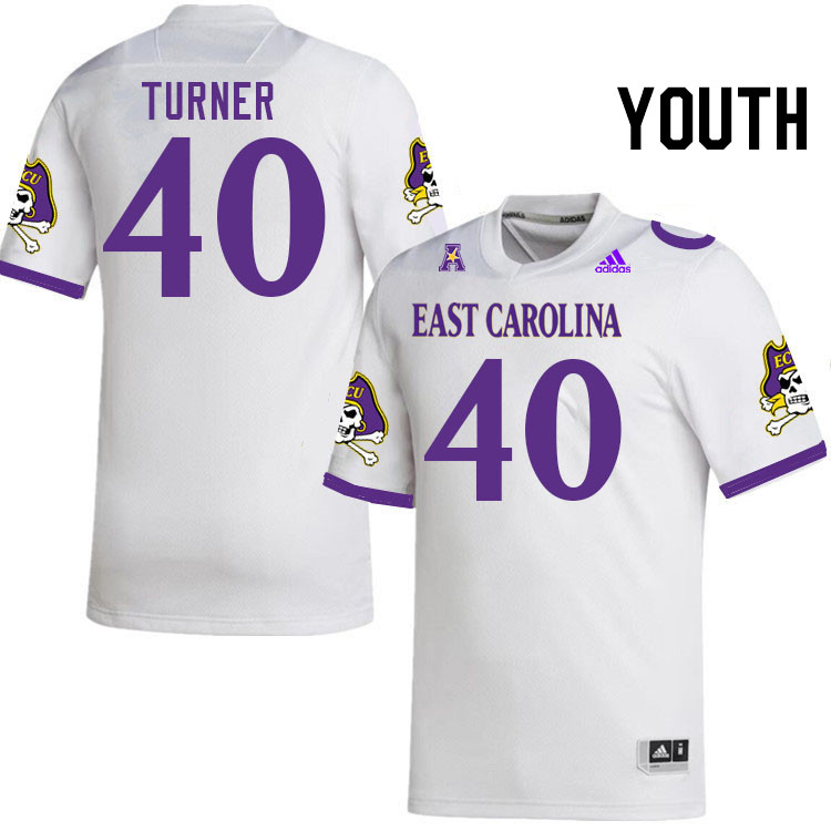 Youth #40 Greg Turner ECU Pirates College Football Jerseys Stitched Sale-White - Click Image to Close